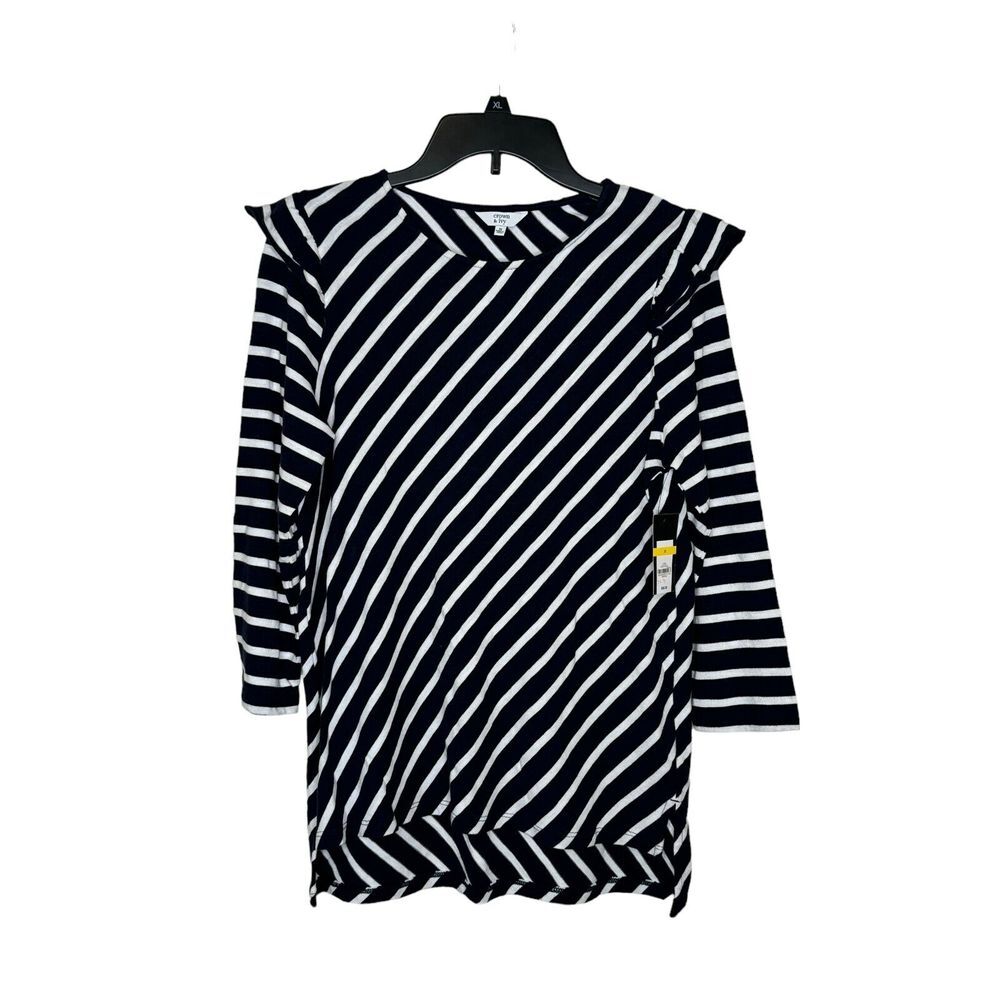 Crown & Ivy Women's‎ Top Striped 3/4 Sleeve Ruffle Side Slits Black Medium NWT